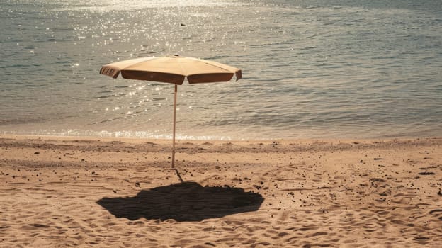 An umbrella rests on the sandy shore of the beach, overlooking the vast expanse of water. Travelers enjoy the scenic landscape as they relax on the shore AIG50