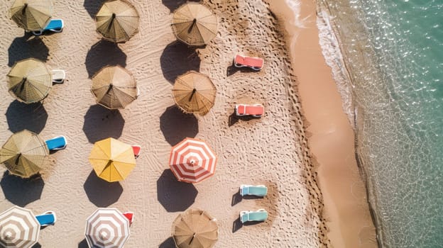 A circle of people enjoying a beach event, sitting under colorful umbrellas. The symmetry of their patterns creates an artistic scene against the worlds backdrop AIG50