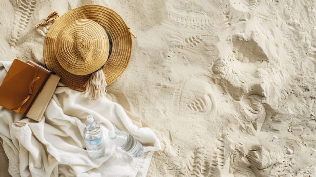 A wooden arch frames the circle of soil where a glass bottle and a fur hat lay on the sandy beach, an eyelash caught on the bottle like a delicate event unfolding AIG50