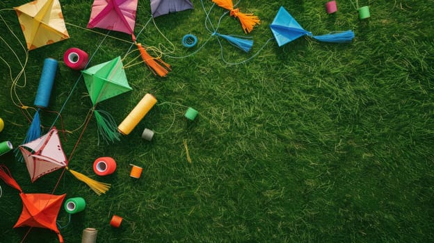 A collection of triangular kites resting on the vibrant grass in a picturesque landscape. A leisure event filled with fun and art in the lush grassland AIG50