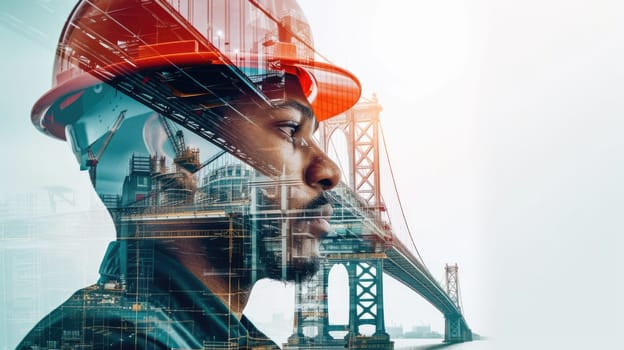Double exposure of engineer wearing safety helmet with building construction or skyscraper. Close up portrait of architect or interior designer thinking about designing architectural building. AIG42.