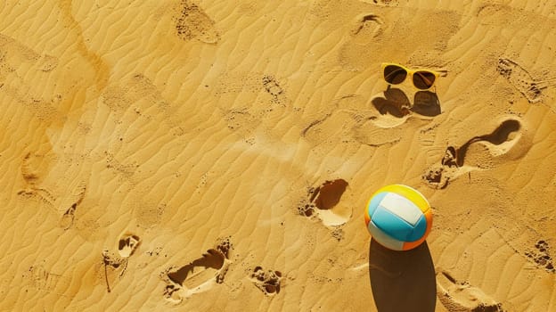 A beach ball and sunglasses are lying on the sandy shore, creating a colorful contrast against the landscape. Its a pictureperfect scene for leisure and recreation AIG50