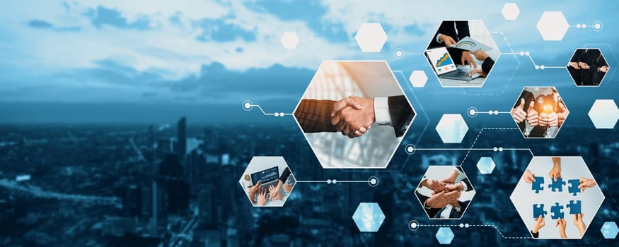 Teamwork and human resources HR management technology concept in corporate business with people group networking to support partnership, trust, teamwork and unity of coworkers in office kudos
