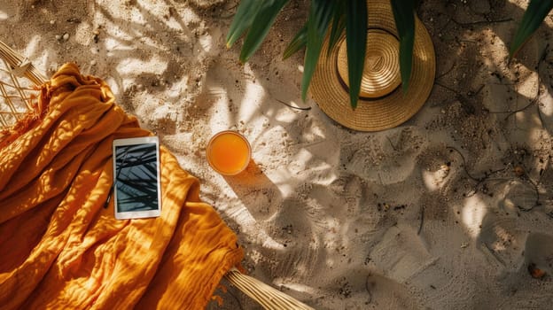 A hammock made from terrestrial plant fibers, under a tree on the beach, with a straw hat, a book, a cell phone, and a glass of orange juice AIG50