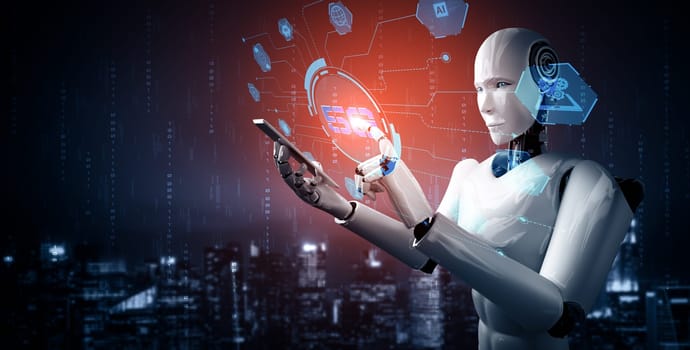 MLP 3d illustration Robot humanoid use mobile phone or tablet for global network connection using AI thinking brain , artificial intelligence and machine learning process for 4th industrial revolution. 3D illustration.