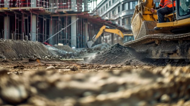 A man is operating a bulldozer at a construction site, shaping the soil for building a house in the city. AIG41