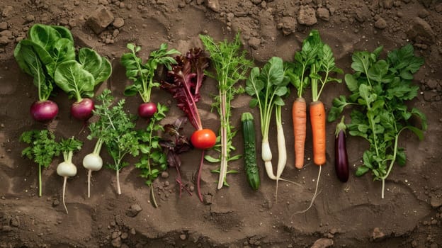 The table is adorned with a variety of plants and flowers including vegetables and flowering plants. The assortment includes fruits, petals, and grass, creating a beautiful natural food landscape AIG50