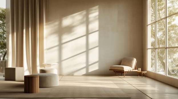 A image of interior of modern room with prop while sun ray shine at window show shadow with minimalism style. Light coming in from the window creates a bright and airy feel in the modern room. AIG42.