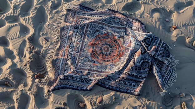 A rug with an electric blue pattern lies on the sandy beach, contrasting with the neutral landscape of sand and rocks. The motif creates a striking art piece amidst the geology of the wood flooring AIG50