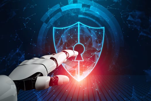 MLP 3D Rendering futuristic robot technology development, artificial intelligence AI, and machine learning concept. Global robotic bionic science research for future of human life.
