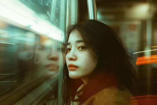 A candid 35mm shot skillfully captures a woman through the window of a moving subway, evoking a sense of motion blur. Shot with cinematic expired slide film, the image radiates a nostalgic and artistic vibe. AIG51A.