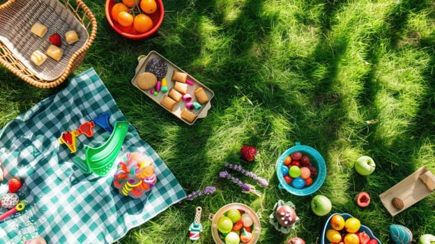 A group of children is enjoying a picnic surrounded by grass, trees, and shrubs in a natural landscape. They are leisurely soaking up the sun and appreciating the beauty of the environment AIG50