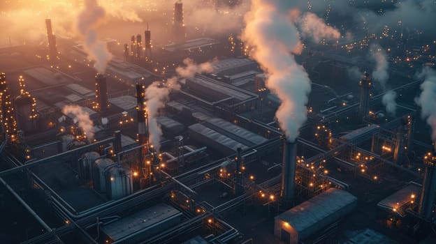 Aerial view of city view and industrial factory view with light in night time. Top view of factory complex at night. The factory buildings are spread out over a large area and spewing smoke. AIG42.