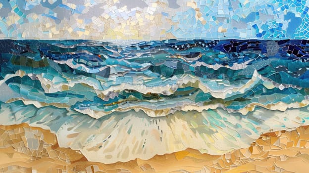 A stunning mosaic painting depicting the beauty of nature with seashells and starfish on a beach. The artwork captures the essence of the natural world in electric blue hues AIG50