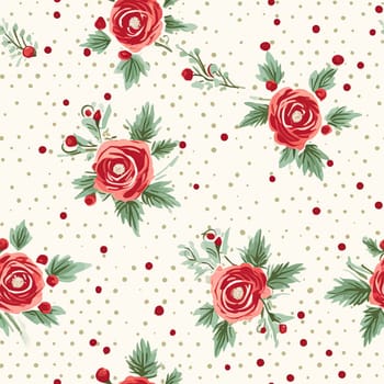 Seamless pattern, tileable Christmas holiday floral, country flowers dots print, English countryside roses for wallpaper, wrapping paper, scrapbook, fabric and product design motif