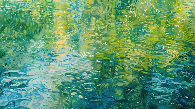 An art piece capturing a tranquil river with trees reflected in the fluid water, showcasing the beauty of the natural landscape AIG50