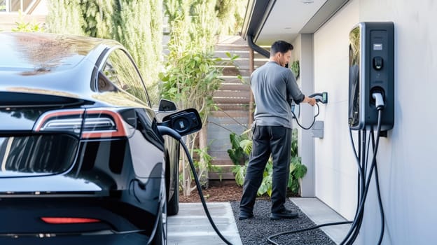 An electrician in work attire is busy setting up an electric vehicle charging station in a residential garage, contributing to sustainable living. AIG41