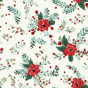 Seamless pattern, tileable Christmas holiday floral, country flowers dots print, English countryside roses for wallpaper, wrapping paper, scrapbook, fabric and product design motif