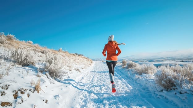 An athlete braves the winter chill, running through a snow-covered trail with a serene, frosty landscape in the background. AIG41