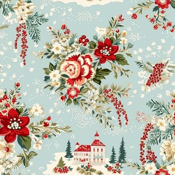 Seamless pattern, tileable Christmas holiday country house, floral dots print, English countryside for wallpaper, wrapping paper, scrapbook, fabric and product design motif