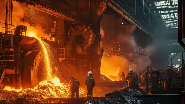 A photo of firefighter team working together to extinguish the fire at factory. An image of group of fire fighter wearing safety helmet and safety gear while planning to put out the fire. AIG42.