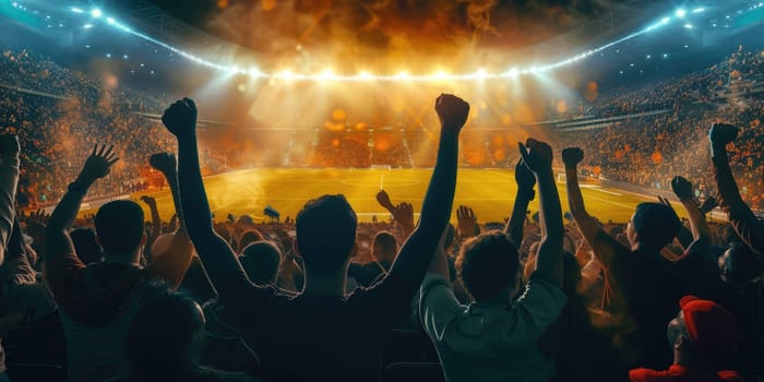 A joyous crowd of fans stands in a stadium, raising their arms in the air, under the morning sky filled with clouds, amidst the lush green grass, rejoicing in nature's embrace! AIG41