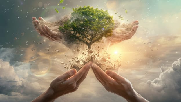 Conceptual image of a tree flourishing from soil held in human hands, symbolizing growth and environmental care. AIG41