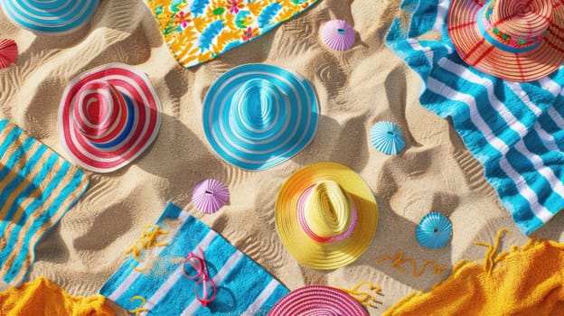 An electric blue hat, patterned scarf, stylish sunglasses, and a rainbow towel are laid out on the beach. The colors create a beautiful circle of art amidst the sand and water AIG50