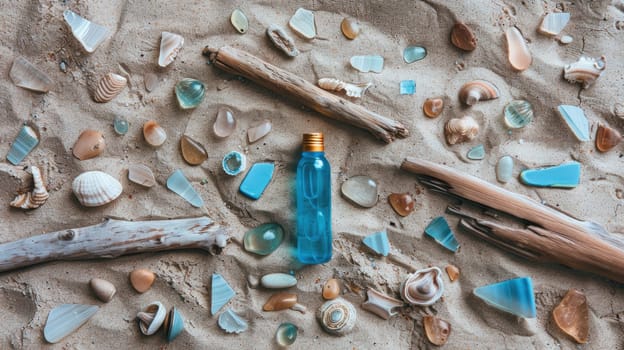 A bottle of paint sits amongst sea glass and driftwood, creating a unique art sculpture combining wood, glass, and water elements AIG50