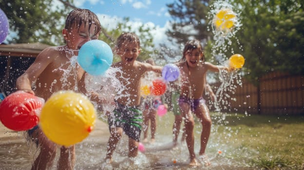A joyful event unfolds as a group of children happily engage in a leisurely backyard activity, playing with water balloons. AIG41