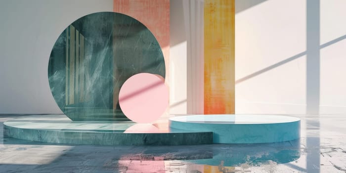 3d rendering of a room with a large window and a colorful wall with pink, yellow and blue accents. There are three circular podiums in the foreground. AIG51A.