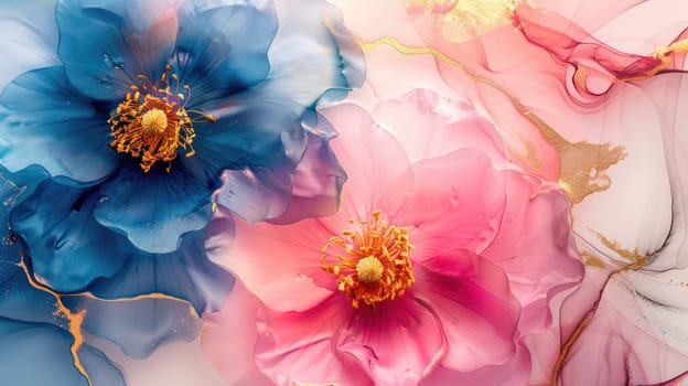 Two watercolor flowers, one blue and one pink, with gold accents, on a white background. AIG51A.