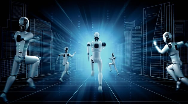 MLP 3d illustration Running robot humanoid showing fast movement and vital energy in concept of future innovation development toward AI brain and artificial intelligence thinking by machine learning. 3D illustration.