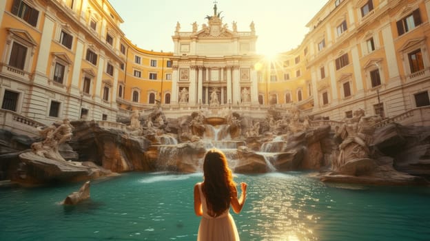 Back view of young cute woman looking at beautiful elegant tourist attraction with waterfall. Attractive tourist standing in front of elegant palace or architectural building and modern statue. AIG42.