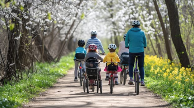 A group of people enjoy cycling on their bicycles through a beautiful natural landscape, surrounded by trees, grass, and plants. AIG41