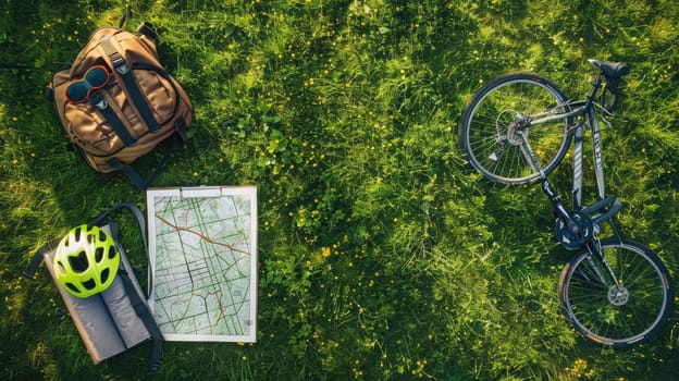 A bicycle, helmet, and map are scattered in the grass, surrounded by the peaceful sounds of nature. A wheel and tire peek out from beneath the foliage AIG50