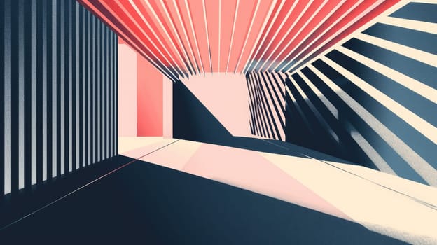 A minimalist poster design with a red geometric shape in the foreground and a black and white building in the background set against a red sun. The color palette is red, white and black. AIG42.