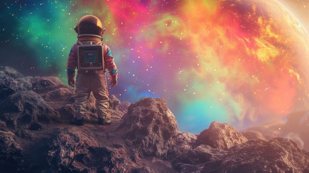 Happy elementary student wearing astronaut suit and exploring planet surrounded with vibrant color. Cute smart child playing as astronaut and walking and inspect universe with colorful color. AIG42.