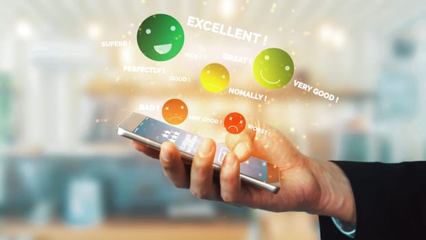 Customer review satisfaction feedback survey concept. User give rating to service experience on online application. Customer can evaluate quality of service lead to reputation ranking of business. uds