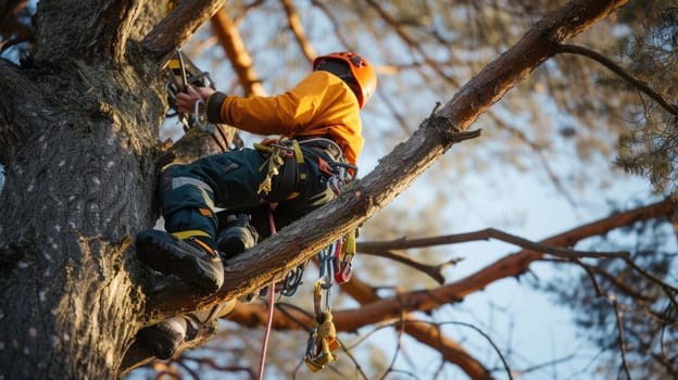 Low angle camera of professional engineer climbing a large tree wearing safety gear and safety helmet. Skilled arborist working and measuring tree while holding the safety rope. Environmental. AIG42.