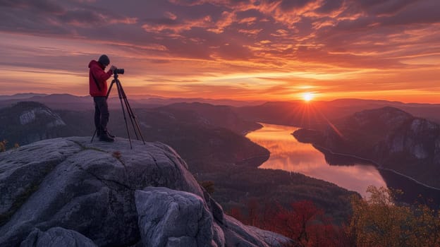 Professional adventure photographer taking a photo of sunset with twilight sky at mountain. Silhouette of photographer working and looking at camera and taking photo at sunrise. View point. AIG42.