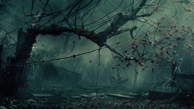 A dark and gloomy forest with a large tree in the foreground. The branches of the tree are bare and twisted, and the leaves are scattered on the ground. The forest is shrouded in a thick mist, and the only light comes from a few small moonbeams shining through the trees. AIG51A.