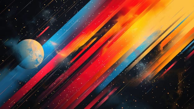 An abstract painting of a planet with bright red, blue, and yellow streaks in the background. AIG51A.