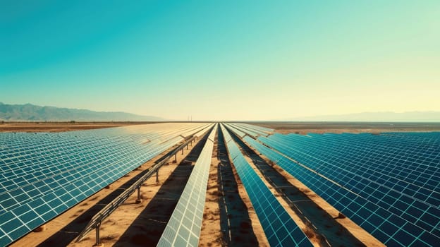 A vast solar panel farm stretches across a desert landscape, harnessing the power of the sun for renewable energy. AIG41