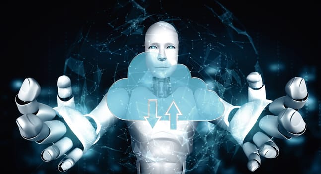 MLP 3d illustration AI robot using cloud computing technology to store data on online server. Futuristic concept of cloud information storage analyzed by machine learning process. 3D rendering illustration.