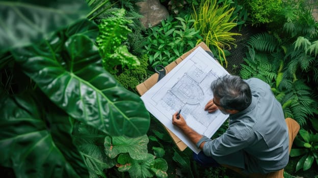 An overhead view of a landscape architect analyzing garden design plans amidst a lush green setting. AIG41
