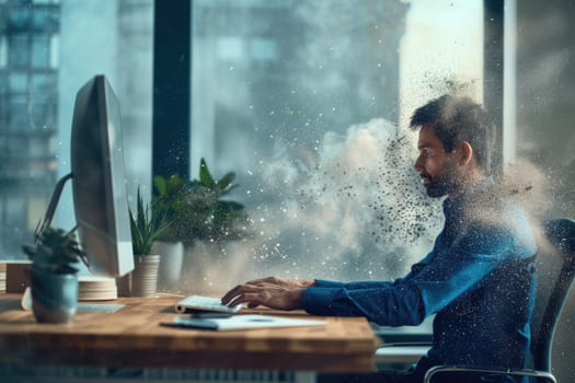 Technology disruption and job replacement concept caused by harmful technological transformation affecting the economic and workforce demands. A man profession is obsolete. AIG41