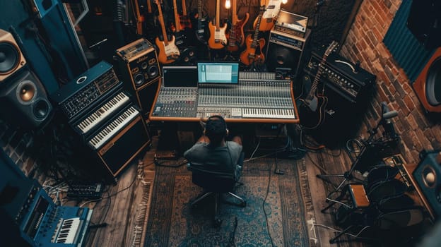 Professional happy musician recording music while thinking about rhyme at modern music studio. Attractive music producer or sound engineer focus on listening demo song while mastering track. AIG42.