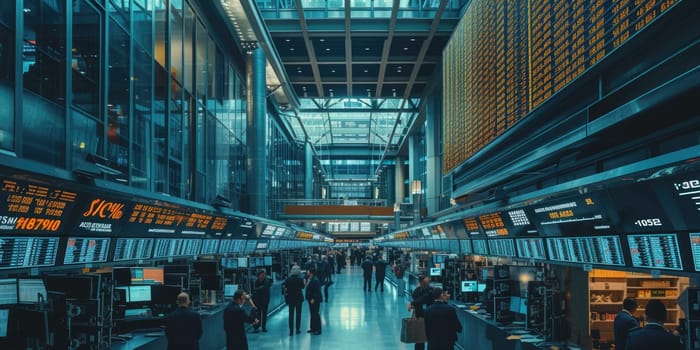 Skilled business people working and invest at financial stock market center. Professional investor talking and planning to invest money while exchanging money currency and trading stock market. AIG42.