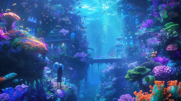 Children diving in the ocean with fantasy underwater view surrounded with vibrant color from coral and fish swimming around. Attractive elementary student exploring the world under the sea. AIG42.